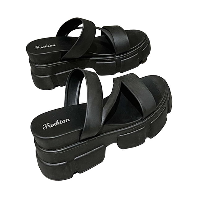 Platform Sandals Women Slide Thick Sole Open Toe Solid Color Soft Sole Non Slip Beach Summer PVC Slide Sandals Black