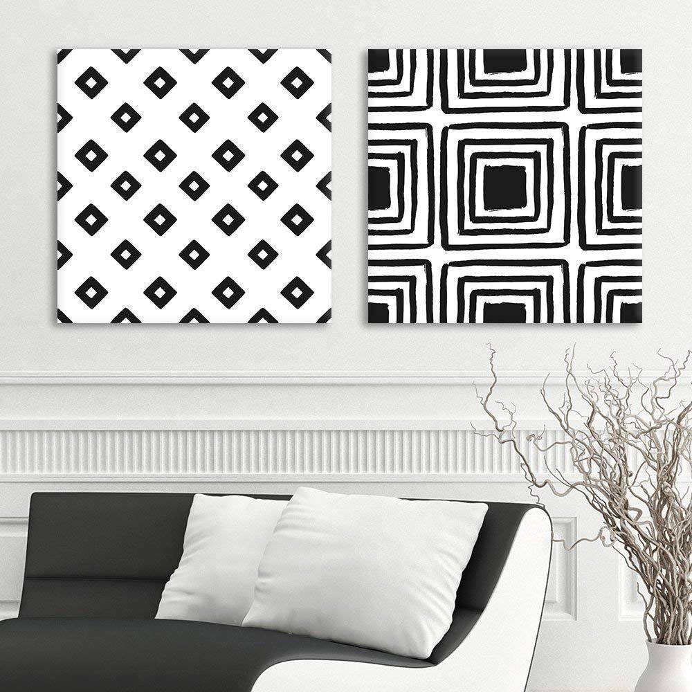wall26 2 Panel Square Canvas Wall Art Black and White Square Patterns