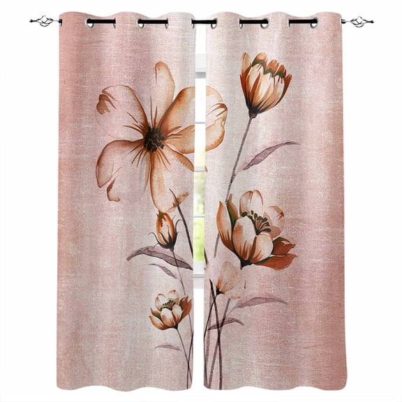 Fsddascl Light Orange Spring Floral Blackout Curtains for Bedroom/Living Room, Thermal Insulated Kitchen Curtains, Ombre Modern Art Vintage Grommet Darkening Window Treatment Drapes 52"x72"x2