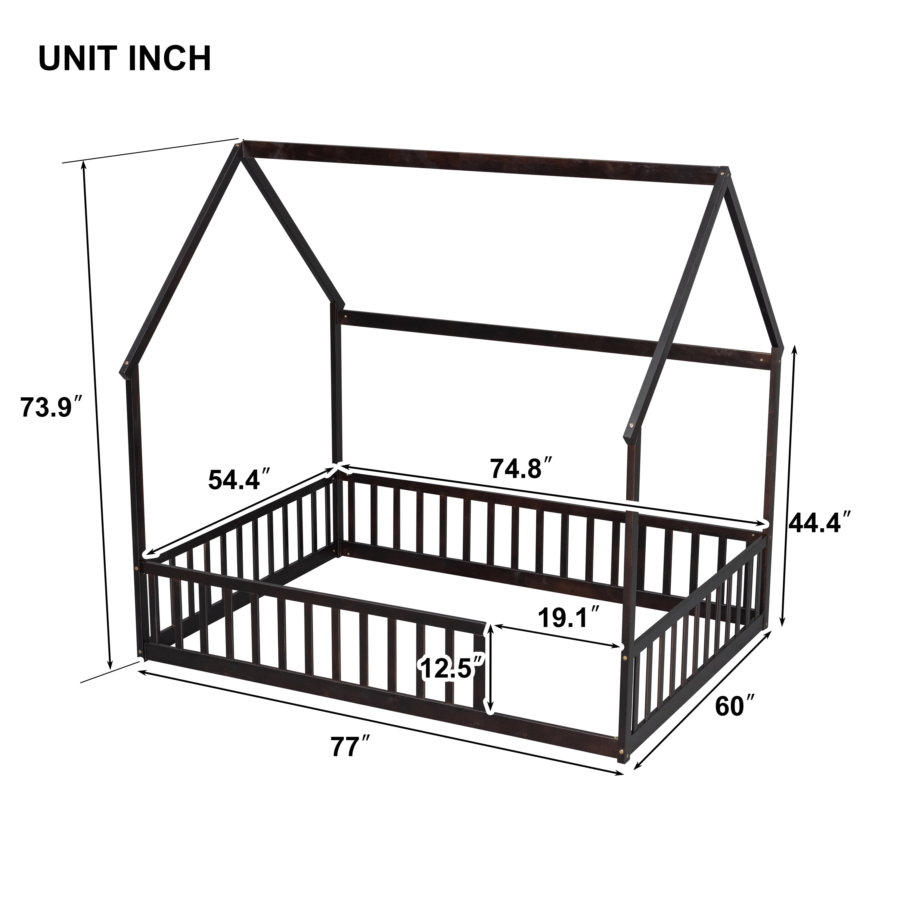 Full Size House Floor Bed with Full Surround Safety Fence, Solid Pine Wood Montessori Kids Playhouse Bed Frame Max 300 LBS No Box Spring Needed for Toddler Bedroom Nursery