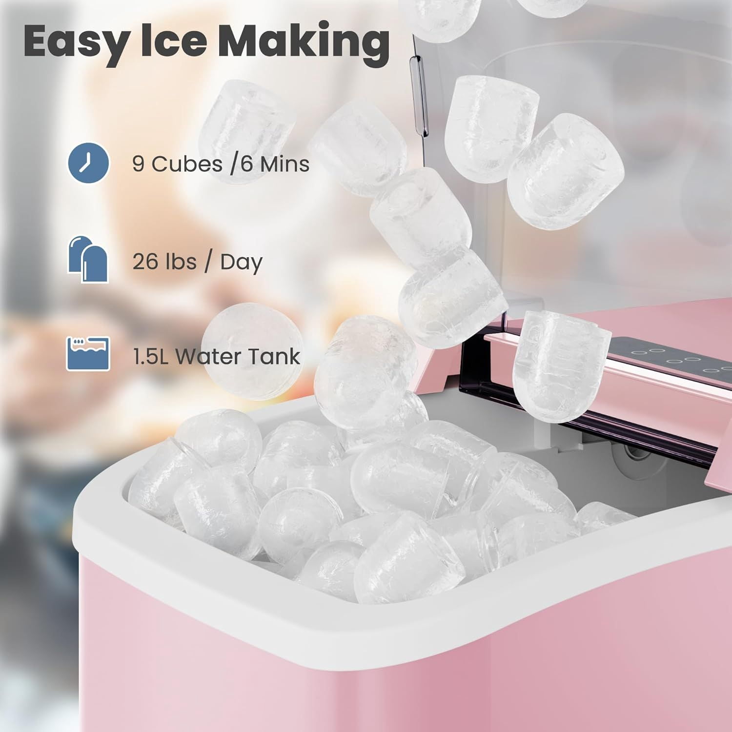 Countertop Ice Maker with Handle, 26lbs/24H Portable Ice Machine, 9 Bullet Ice Cubes Ready in 6 Mins, Self-Cleaning, Quiet Compact Ice Maker for Home, Kitchen, RV, Camping