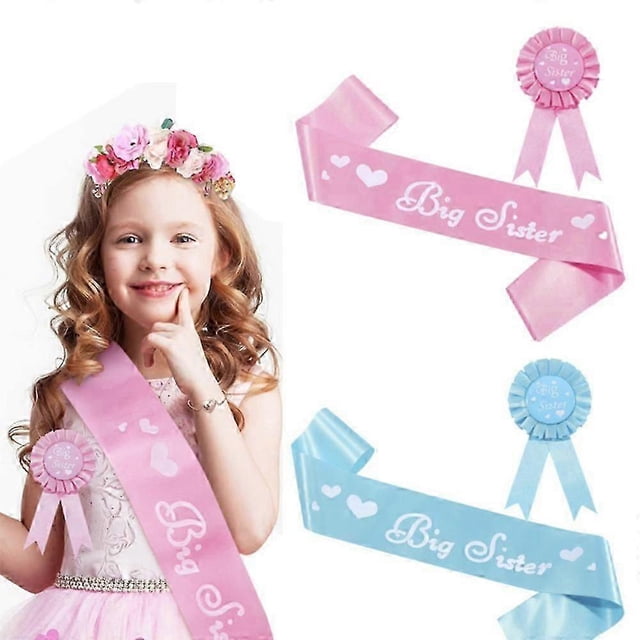 Pink Blue Big Sister Satin Sash and Badge Pin for Girls Birthday Baby Shower Big Sister To Be Party Favor Supplies Decorations
