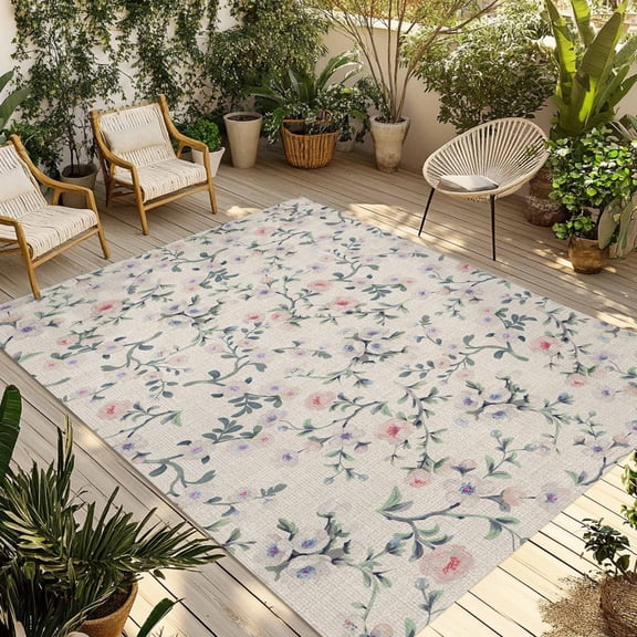 Spring Flowers Outdoor Rug for Patio/Deck/Porch, Non-Slip Large Area Rug 5 x 8 Ft, Blue Pink Floral Leaves Farmhouse Vintage Plants Indoor Outdoor Rugs Washable Area Rugs, Camping Rug Carpet Runner