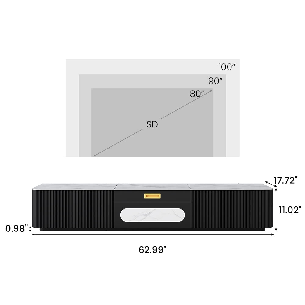 POVISON 62"Modern TV Stand for Projector, Sintered Stone TV Cabinet with Drawers for Home Theater, Oak Veneer MDF, Black & White Media Console