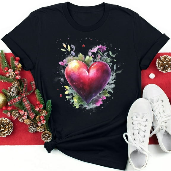 Fartey Women Valentine's Day Short Sleeve Tops Casual Loose Summer T Shirts Soft Stretch Crew Neck Tee Shirt Fashion Cute Heart Graphic Tees 2025 Black S-3XL