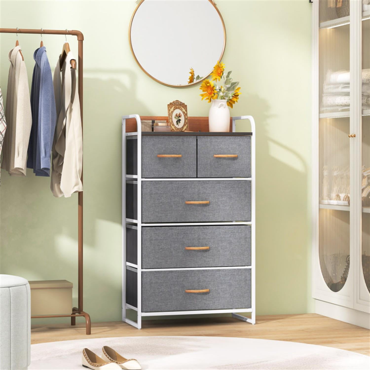 Demi Bonn Modern 5-Drawer Dresser with Wooden Handles and Top Storage, 4-Tier Organizer Tower Steel Frame for Bedroom, Hallway, Entryway, Gray