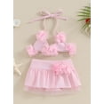thumbnail image 2 of Bslissey Baby Girls Swimsuit Outfits Halter Neck 3D Flower Tie Up Tops + Elastic Waist Mesh Shorts Infant Toddler Casual Cute 2Pcs Bikini Split Swimwear Set 0-24M, 2 of 8