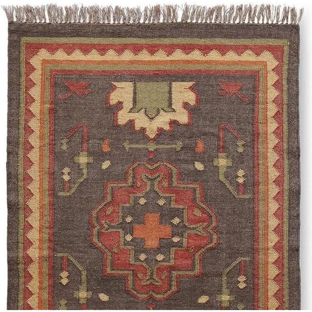 Handcrafted Handwoven Wool & Jute Rug Indian Traditional Kilim Rug for Kitchen Bathroom Living Room Decor (2x8 FT)