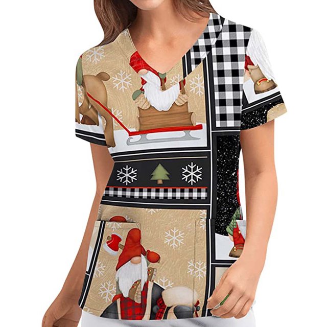 Pntutb Navidad Moda Mujer Cuello en V Casual Manga corta Impreso Bolsillos Señoras tops Blusa Pntutb Pntutb-5069