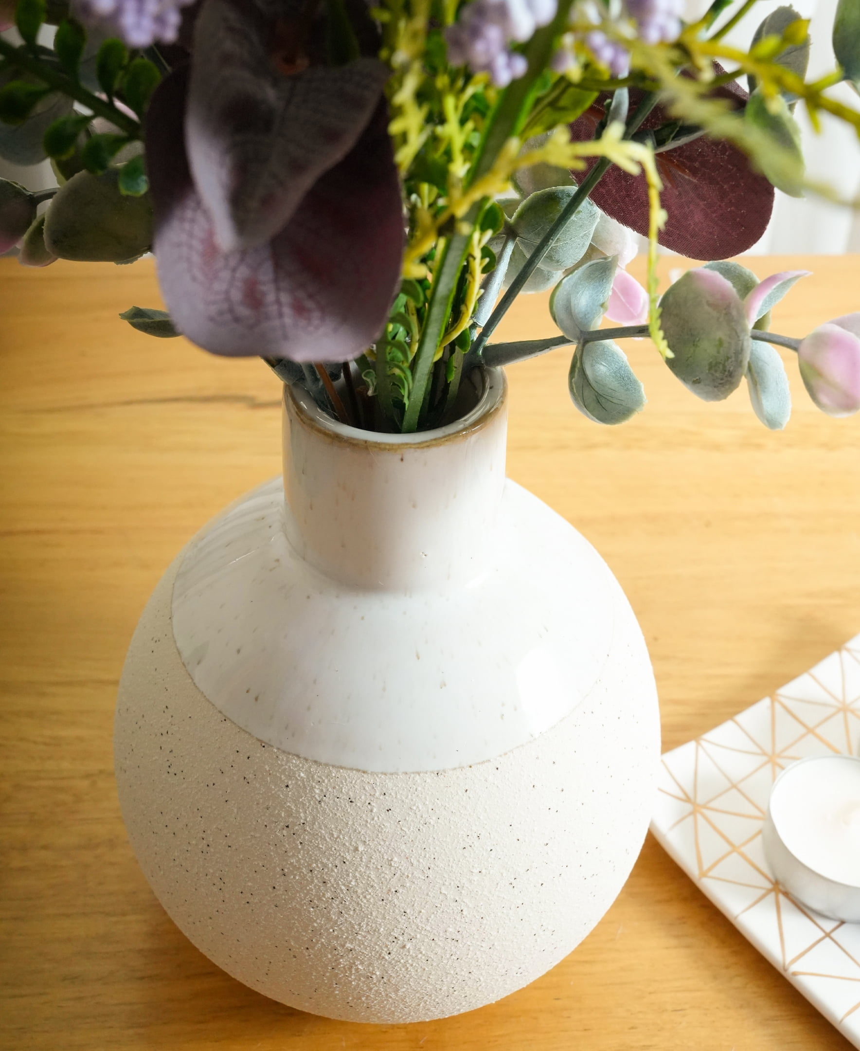 Home Decor Collection 14” Artificial Mixed Floral Arrangement in Sand White Ceramic Vase Made for Tabletops – 1.3 lbs