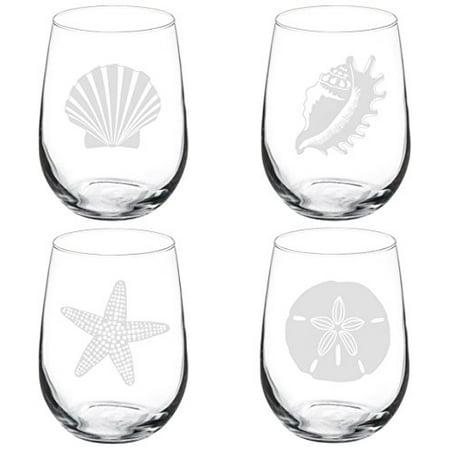 - Set of 4 Wine Glass Goblet Sea Shells Sea Shore Collection (17 oz Stemless),MIP