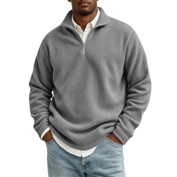 Men's Business Casual Quarter Zip Sweatshirt Stand Collar Corduroy Long Sleeve Pullover Top Regular Fit Light Gray M