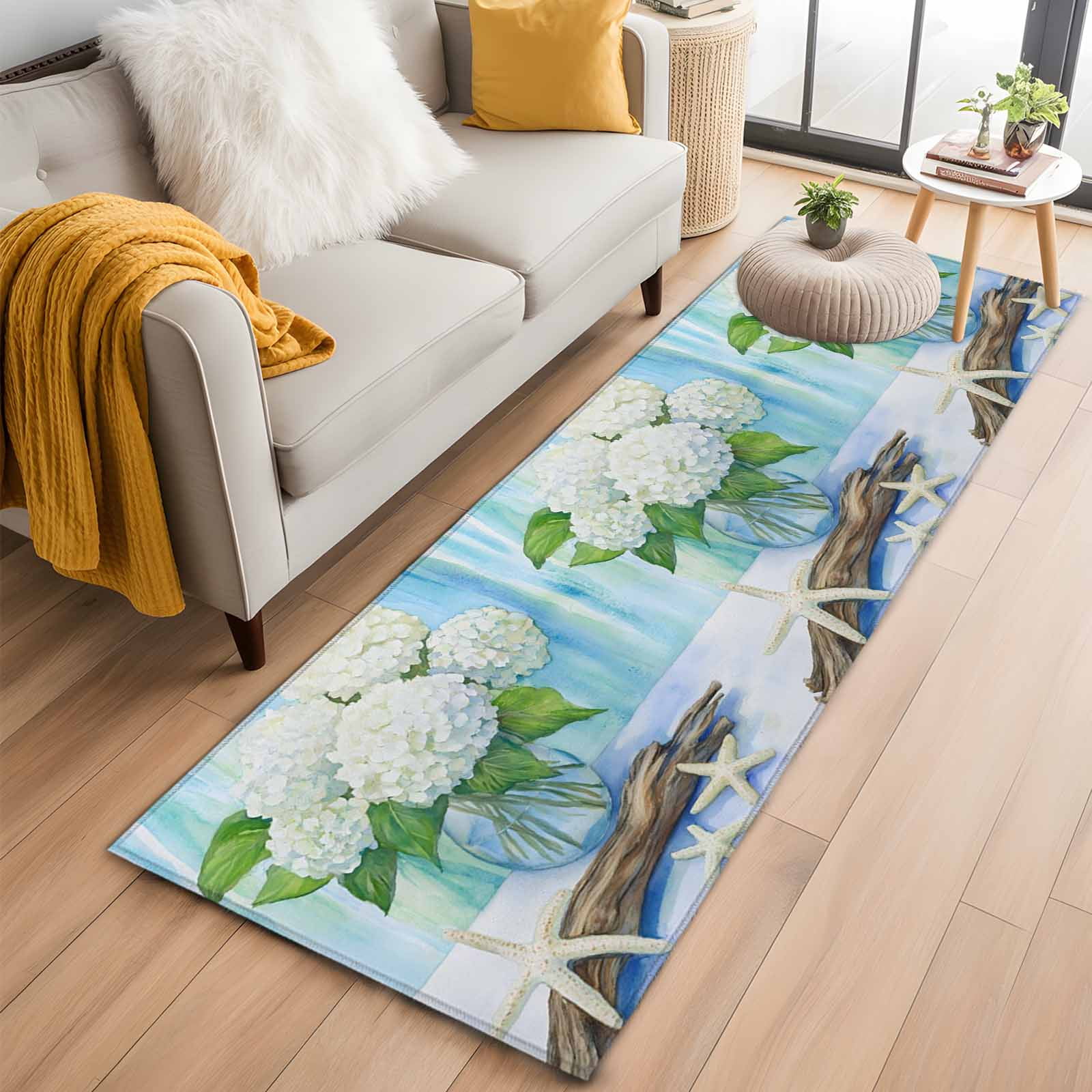 White Hydrangea Runner Rug 2 x6 Driftwood White Starfish Summer Countryside Hallway Runner Rugs Washable Non-Slip Bedside Floor Mats Carpet for Kitchen Bedroom Laundry Room Bathroom
