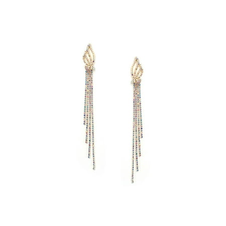 - Gold Aurora Borealis Rhinestone Long 4 Strands with Torch Flame Top Dangle Earrings