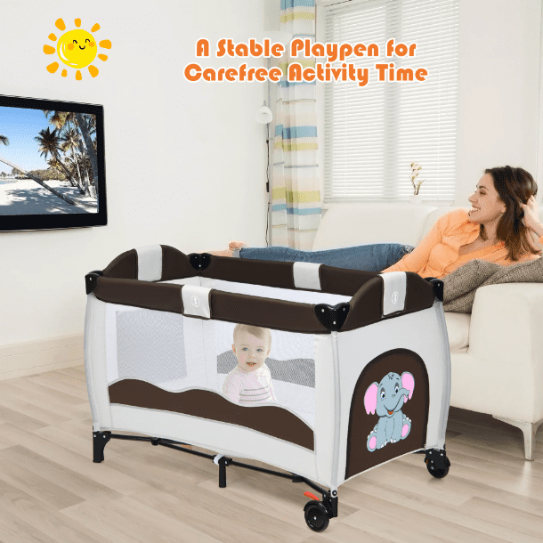 Costway Coffee Baby Crib Playpen Playard Pack Travel Infant