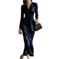thumbnail image 2 of Women's Dress Long Sleeve Solid Color Tie Waist Classic Elegant Midi Dress for Office Commuting Spring Fall,Navy,L, 2 of 5