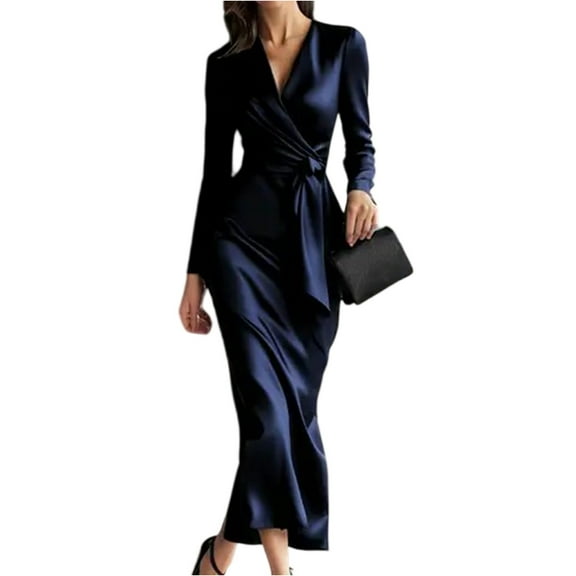 Wrap V-Neck Cocktail Dress, Flowy Chiffon with Tie Waist, Elegant Evening Dress for Semi-Formal Events, Anniversary Dinner & Date Night Navy M