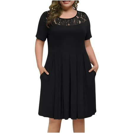 

Juebong Plus Size Women Summer Round-Neck Solid Casual Lace Short Sleeve Dress