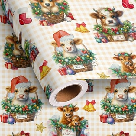 Cow Chrismas Wrapping Paper Roll for Boys Kids - Cute Farmhouse Cow Design Gift Wrap Sheets for Holiday Winter Birthday DIY Craft Party(Total 28.5sq.ft)