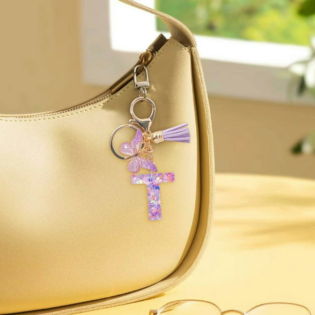 Initial Letter Keychains For Women Tassel Purple Cute Car Keychain For Wallet Backpack Bag