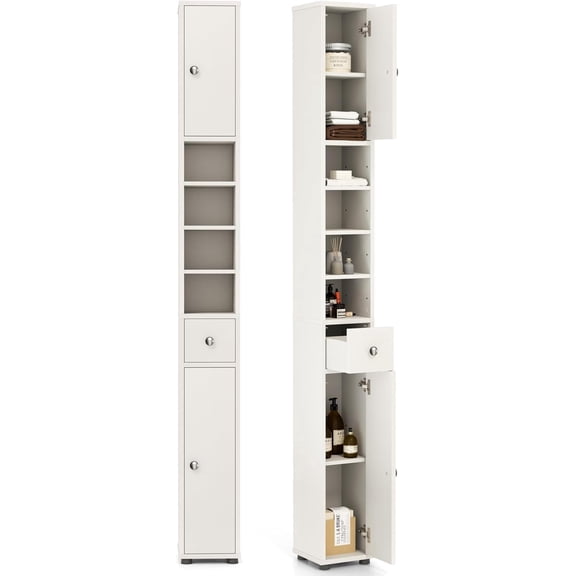 71” Tall Bathroom Storage Cabinet, Freestanding Linen Floor Cabinet with Drawer, Doors & Adjustable Shelves, Narrow Slim Cabinet for Living Room, Entryway, Small Spaces (White)