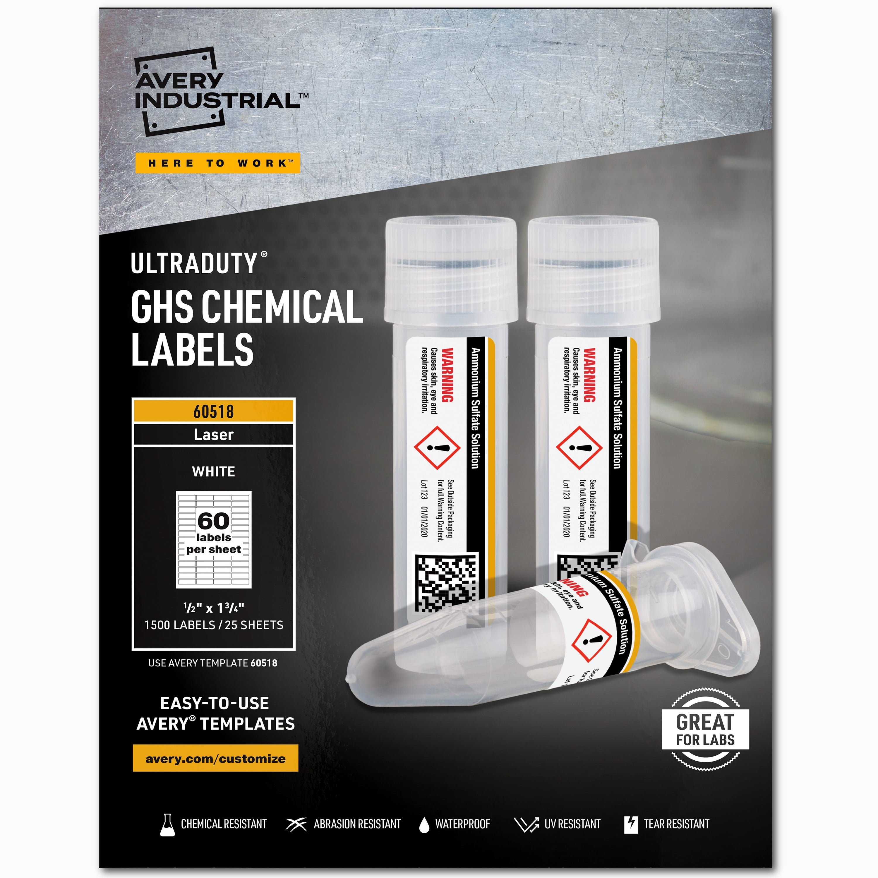 Avery UltraDuty GHS Chemical Labels for Laser Printers, Permanent Adhesive, Waterproof, UV Resistant, 1/2