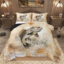 Manfei Farmhouse Pike Fish Bedding Comforter Set, Rustic Wildlife Animal Twin Comforter Sets, Hunting and Fishing Reversible Bedding Set, Ultra Soft Bedroom Decor, 2pcs