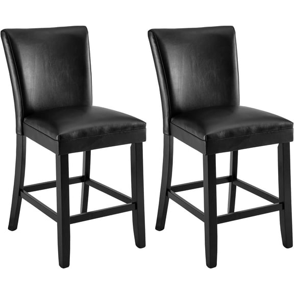 BAXMUY Set of 2 Counter Height Bar Stools, 25.6" Seat, Black, Solid Wood & Faux Leather Bar Chairs for Kitchen Island & Home Bar