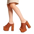 thumbnail image 2 of FSJ Women Open Round Toe Platform Clog Mules Studded Rivet Chunky Wooden Block High Heel Backless Summer Slide Sandals Size 8 Brown, 2 of 4