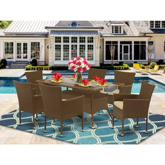7Pc Outdoor Dining Set Wicker Patio Furniture Set with Table6 Armchairs