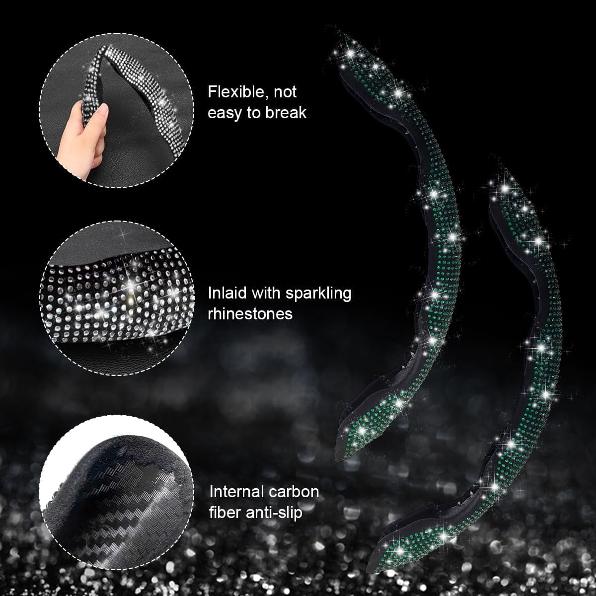 2 PCS Steering Wheel Cover, 15 Inches Crystal Diamond Bling Cover for Auto Steering Wheels, Safety Non-Slip Universal Fit Sparkly Steering Wheel Cover, Car Accessories (Green)
