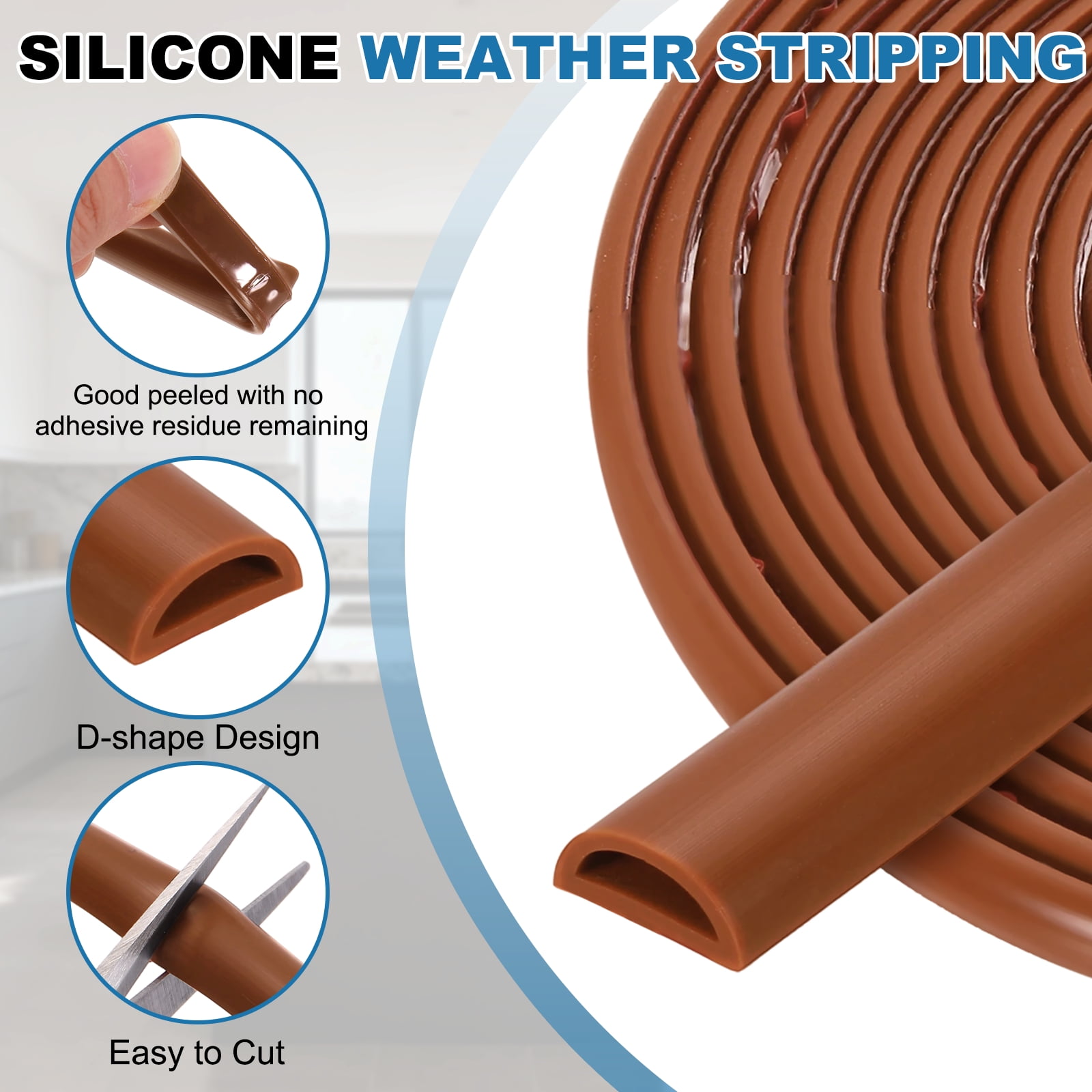 Uxcell 16.4FT Silicone D Shape Weather Stripping, 2Pcs Self Adhesive Door Seal, Brown