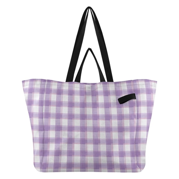 Light Purple Gingham Pattern Foldable Canvas Tote Bags Reusable Grocery Bags Laundry Bags Beach Bag 32L