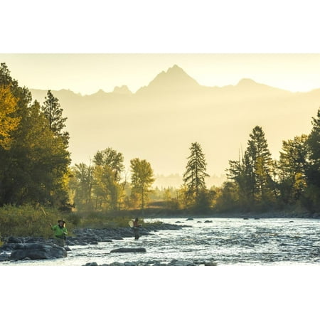 Fly Fisherwoman and Fisherman Casting and Fishing on River, British Colombia, B.C., Canada Print Wall Art By Peter