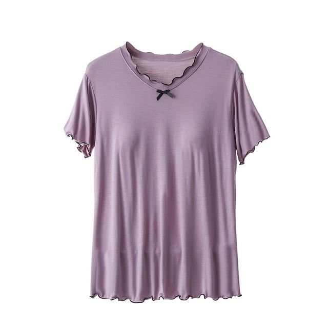Timegard Hauts pour Femmes avec Soutien-Gorge Intégré Col Ras du Cou Manches Courtes Nœud Papillon Confortables Vêtements d'Intérieur d'Été Décontractés Hauts de Pyjama