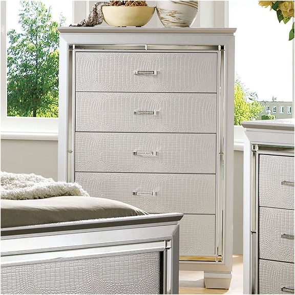 JERFIT 54.8" Silver Crocodile Texture Chest of Drawers, Contemporary Bedroom Dresser with Diamond Crust Handles & Mirror Inserts