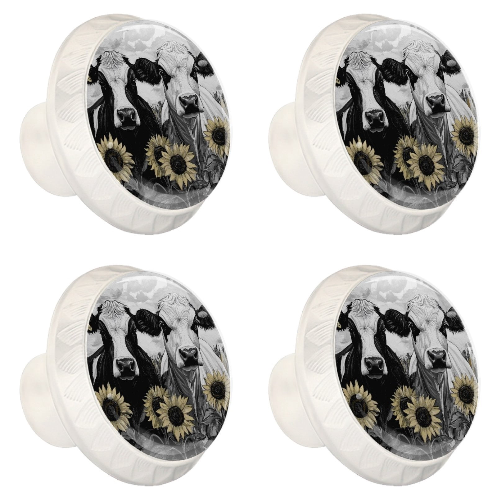 4 Pcs Cow and Sunflower Knobs for Kitchen Cabinet Cupboard Dresser Bookcase Drawer Pulls Handles Round Home Decor