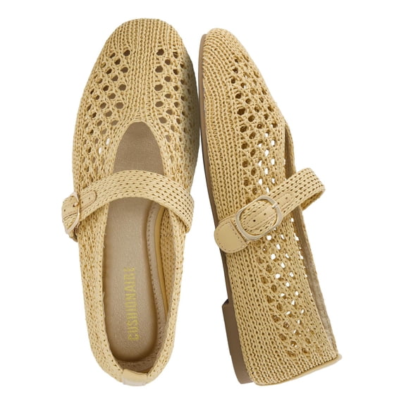 Cushionaire Monet Woven Mary Jane Flats for Women, Comfortable Ballet Flats with Adjustable Gold-Tone Buckle Strap and Memory Foam Cushioning