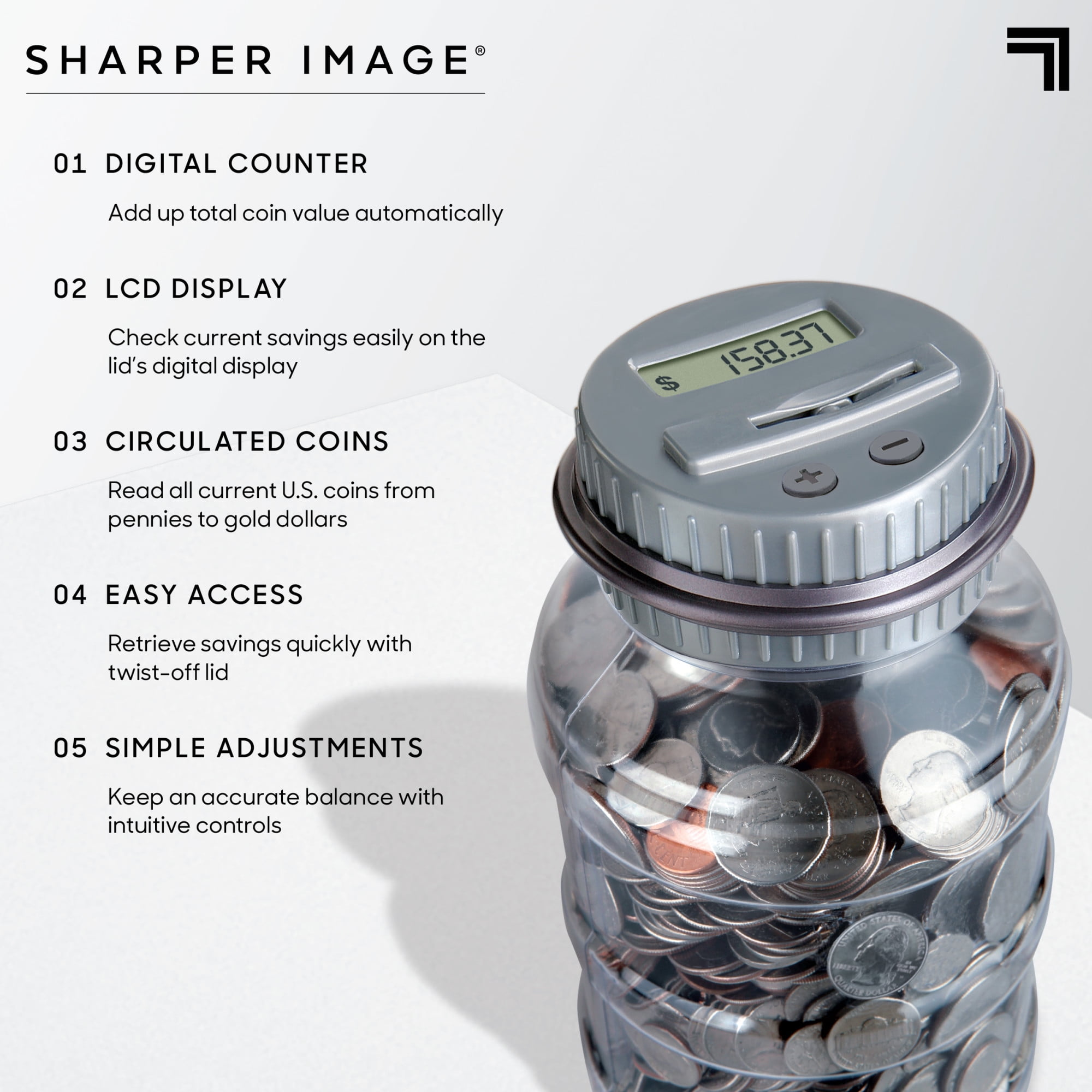 SHARPER IMAGE DIGITAL COUNTING SAVER MONEY JAR PIGGY BANK LCD BLACK RED LID NEW 