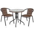 thumbnail image 1 of 28'' Round Glass Metal Table with Black Rattan Edging and 2 Black Rattan Stack Chairs, 1 of 9