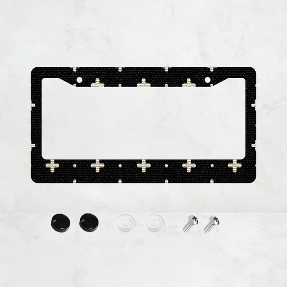 1pc Black 2-Hole License Plate Frame with Cross Pattern, Aluminum Material, 6x12 Inches, Includes Screw Set, Retro Novelty Car Decoration Gift, Standard US License Plate Size