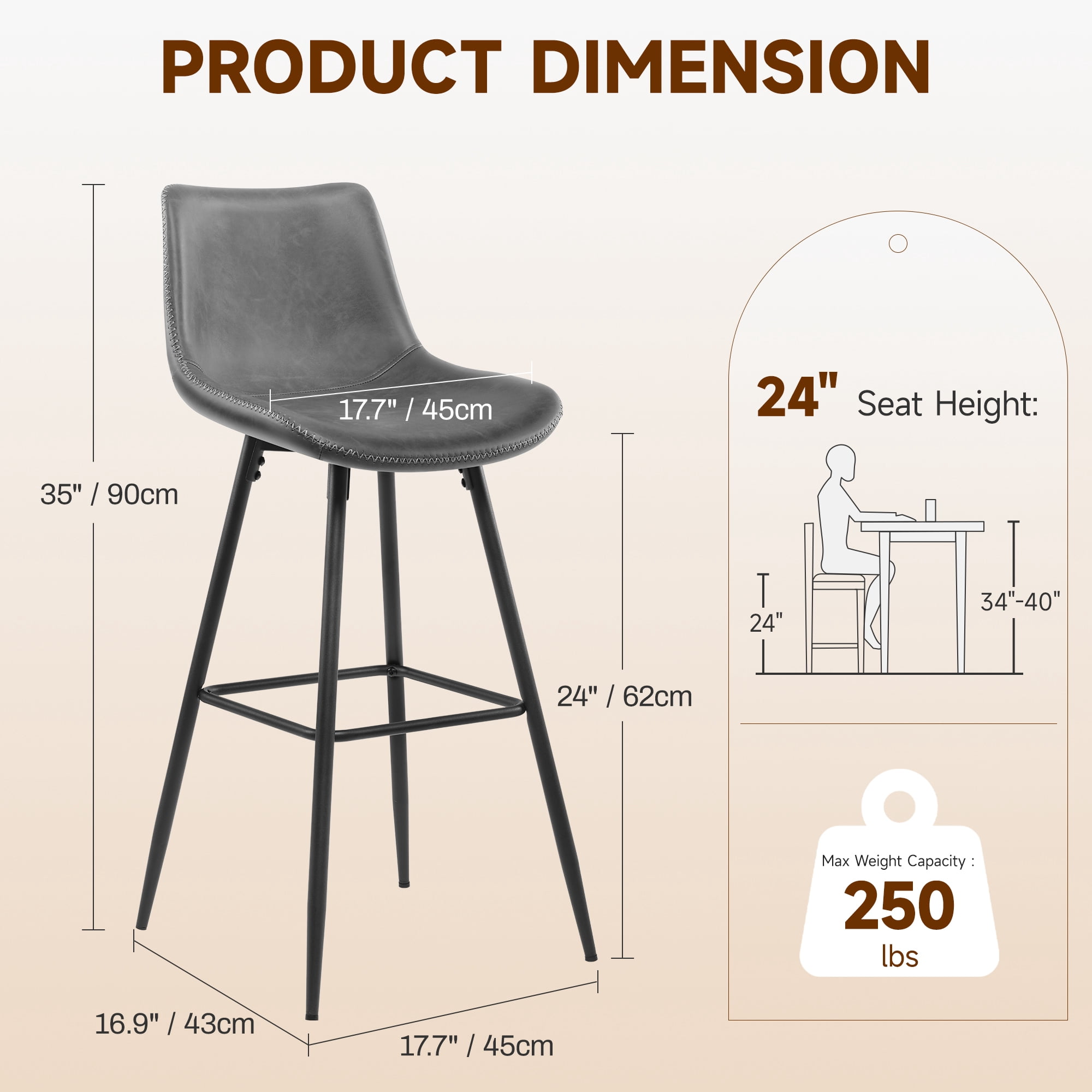 COOLHUT 24 Inch Bar Stools Set of 2, Counter Height Bar Chair with Footrest, Upholstered Faux Leather Bar Chair, Counter Stools with Sturdy Metal Legs, Heather Gray