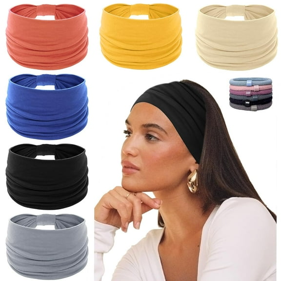 EP  Wide Headbands for Women Non Slip 6 Pack Soft Elastic Hair Bands Sports Yoga Running Gym Workout Knotted Head Wraps, Cotton Cloth African Turbans Solid Color Bandana-with 6 Pcs Hair Ties