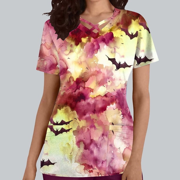 Fiudx Camisas de Mujer Top de Lactancia con Bolsillo y Cuello En V de Manga Corta con Estampado de Halloween para Mujer