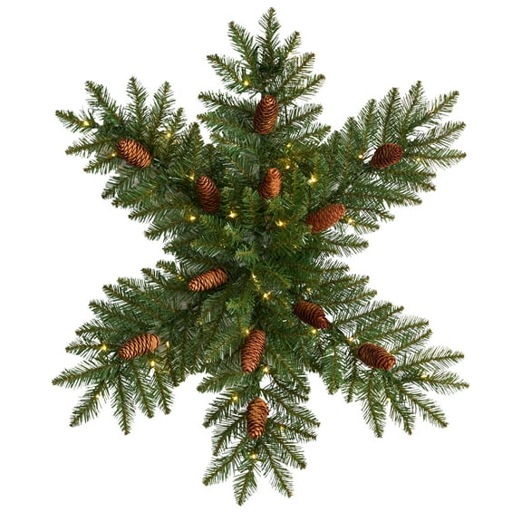 Nearly Natural 30" Pre-Lit Snowflake Artificial Dunhill Fir Wreath with Pinecones and 40 LED Lights