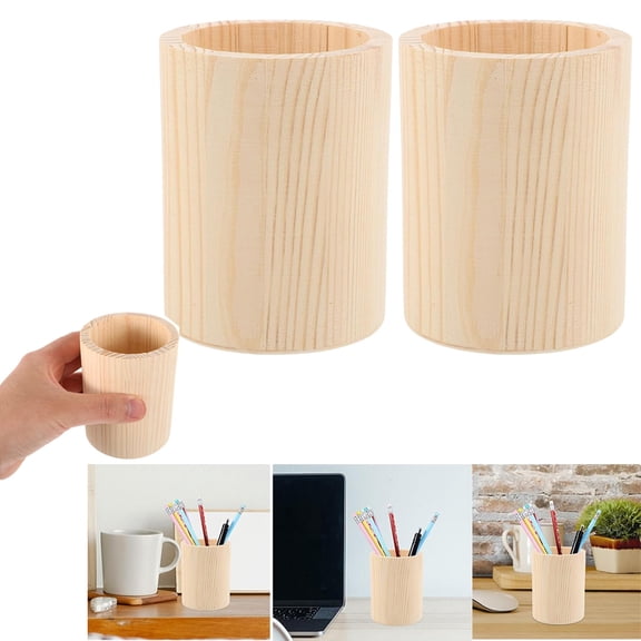 Tutuviw 2 Pack Round Wood Pen Holder,Wooden Desk Pencil Organiser,Pen Pencil Holder,Unfinished Wooden Stationary Organiser,Multipurpose Pencil Cup for Office Home (3.9x3.1in)