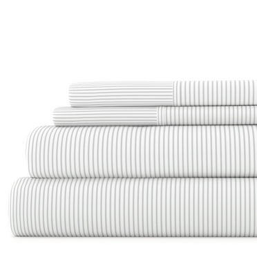 Noble Linens 4 Piece Pattern Microfiber Bed Sheets Set, Light Gray Pinstriped, Queen
