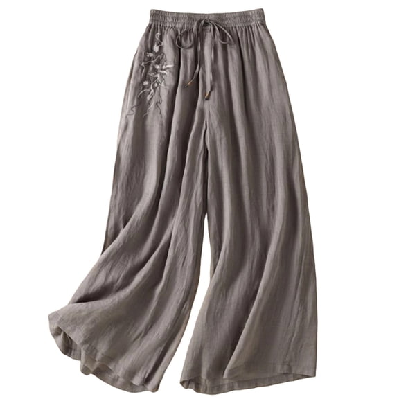 ANINEO Women Casual Wide Leg Pants With Embroidery Elastic Waist Flowy Straight Hem Summer Versatile Linen Trousers Solid Color Fashionable Daily Female Slacks