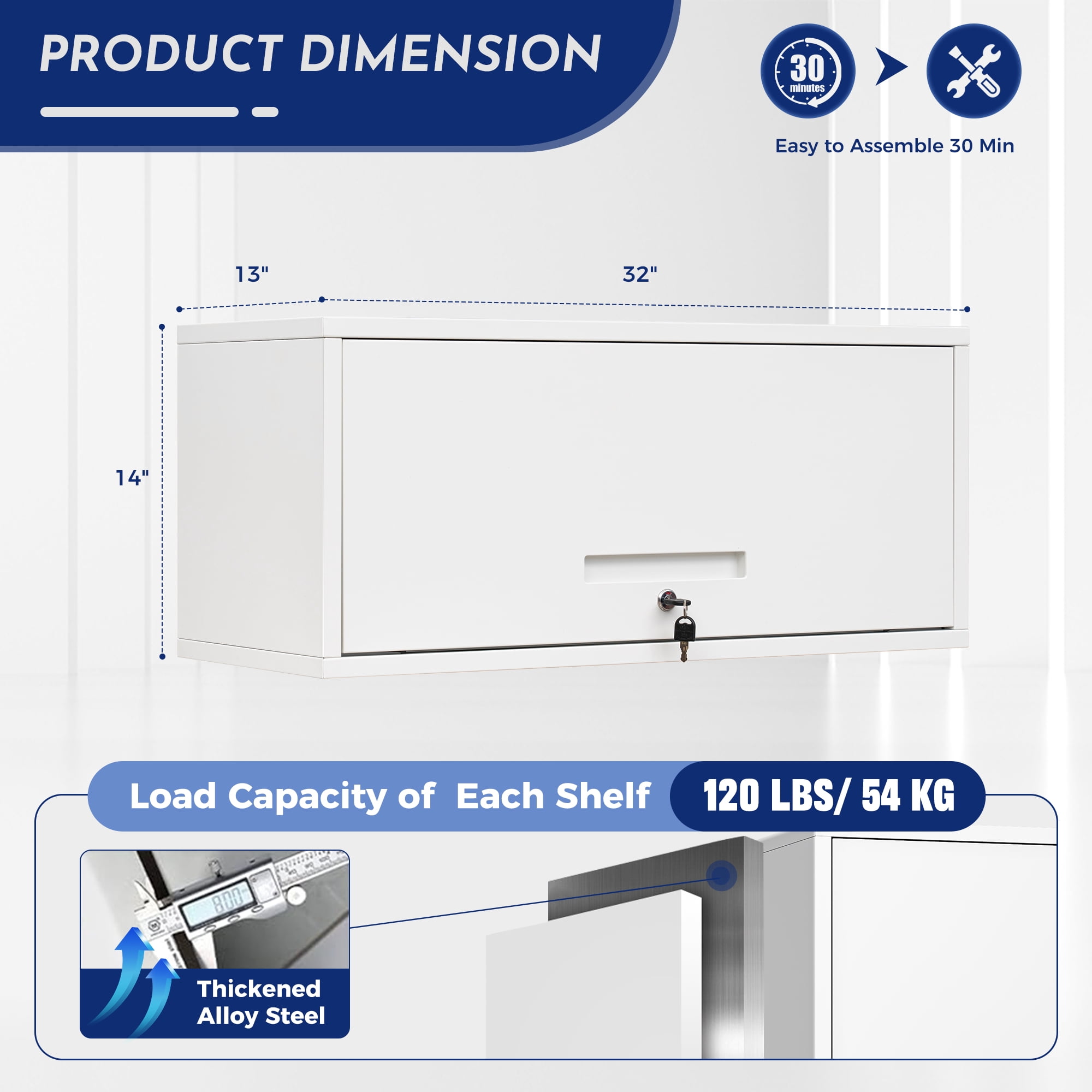 AUHUP Steel Wall Cabinet, Metal Wall Mounted Storage Cabinet Organizer for Garage, Office, Kitchen, White, 32"W x 14"H x 13"D