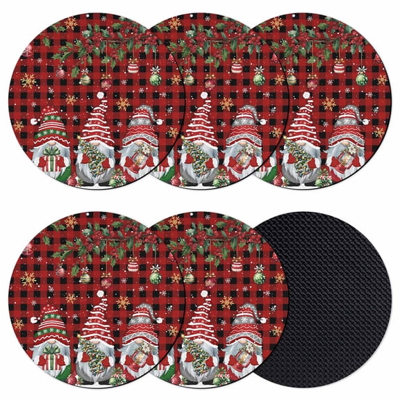 Red Plaid Gnomes Christmas Coasters Set of 6, Absorbent Coasters for Drinks, Xmas Balls Tree Snowflake Coaster for Desk Coffee Table Protection, Home Decor House Warming Gifts 4"